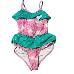 Girls Flamingo Print Ruffled One-Piece Swimsuit Pink & Green Size 10